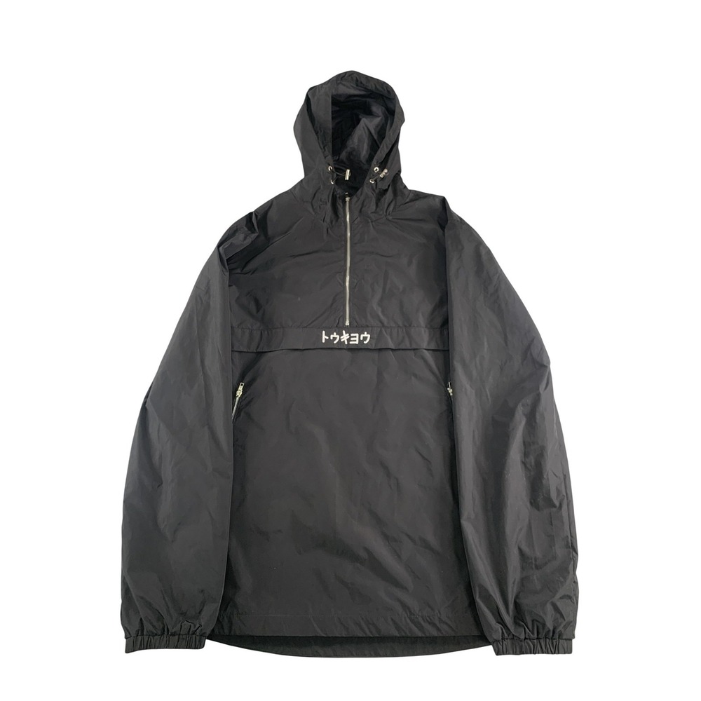 Global Jacket Mens Medium Black Tokyo Hooded Anorak Nylon Zip Pockets Graphic
